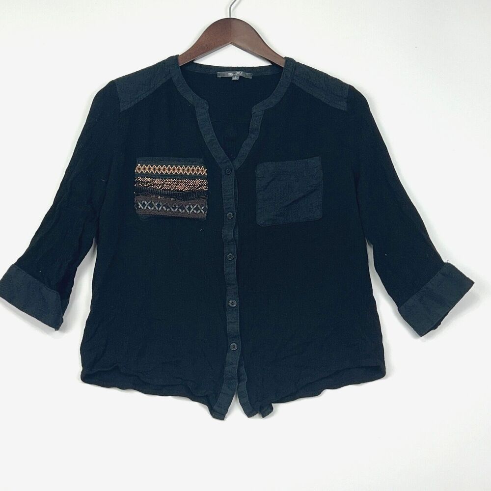 Miss Me Beaded Top Size S Embellished Black Pocket 100% Rayon‎ Button Bohemian